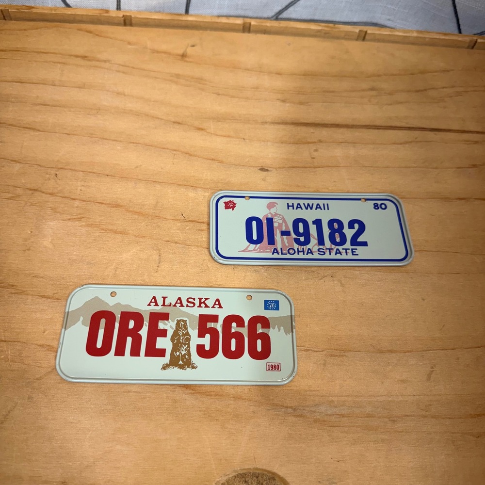 Novelty Bike Miniature License Plates Multicolor Alaska Hawaii 1980s Vintage 2pc